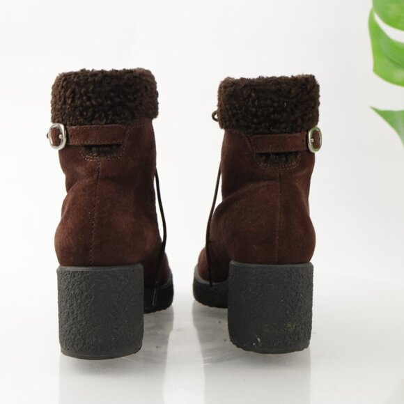 VTG Kamouraska Boot Size 6 Brown Suede Block Heel Lace Up Fur Collar Bootie - Picture 4 of 13